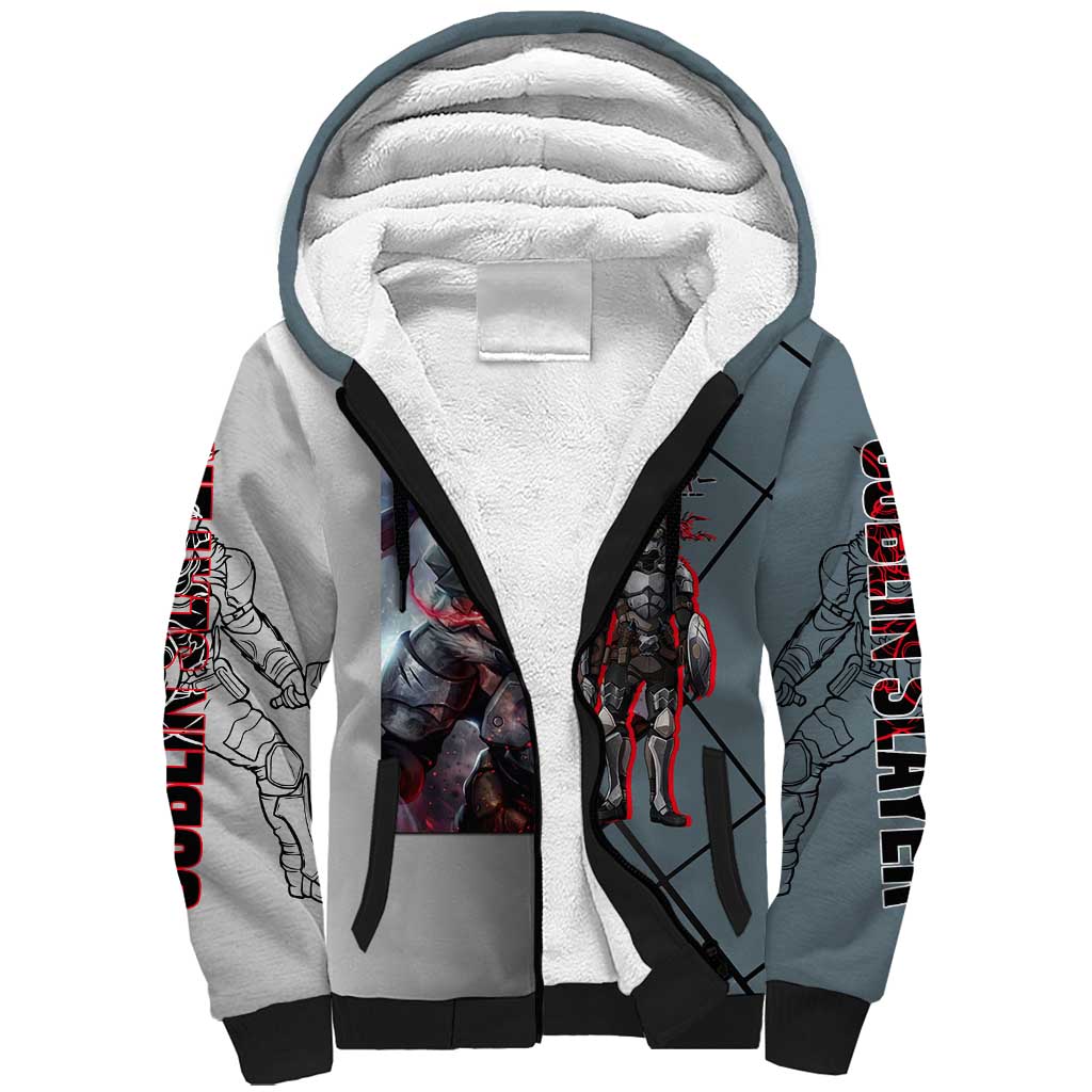 Goblin Slayer Goblin Slayer Sherpa Hoodie with Armor Clad Battle Pose and Dark Fantasy Design - The Mazicc