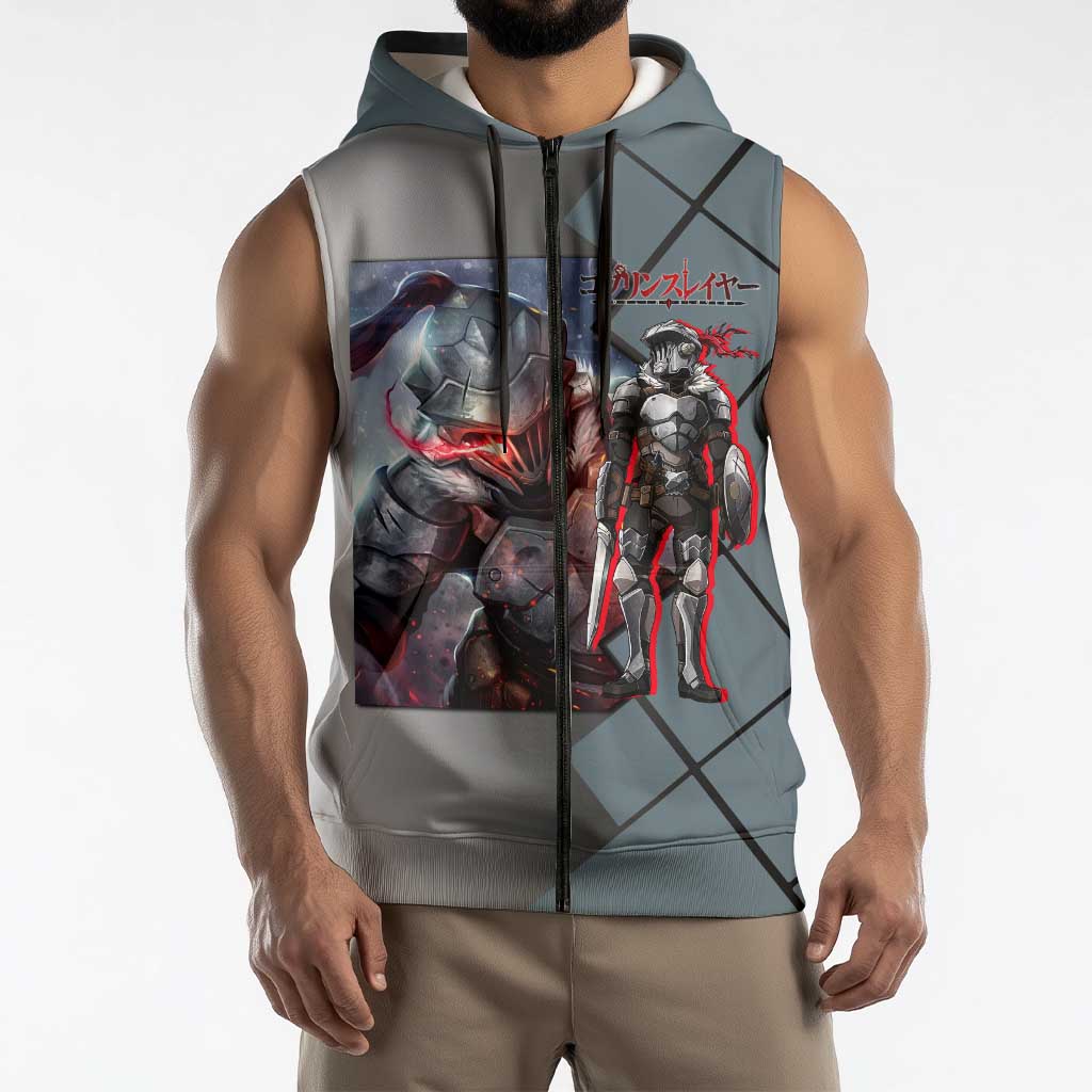Goblin Slayer Goblin Slayer Sleeveless Zip Hoodie with Armor Clad Battle Pose and Dark Fantasy Design - The Mazicc