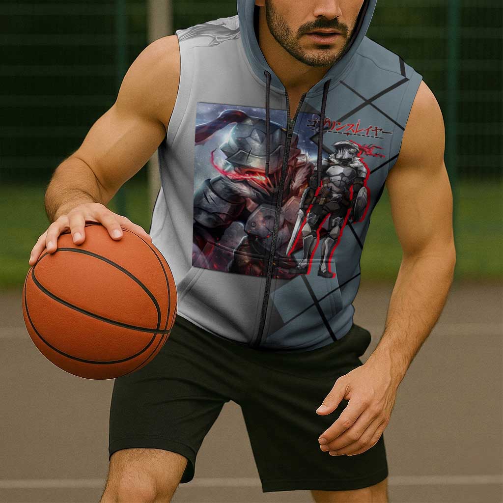 Goblin Slayer Goblin Slayer Sleeveless Zip Hoodie with Armor Clad Battle Pose and Dark Fantasy Design - The Mazicc