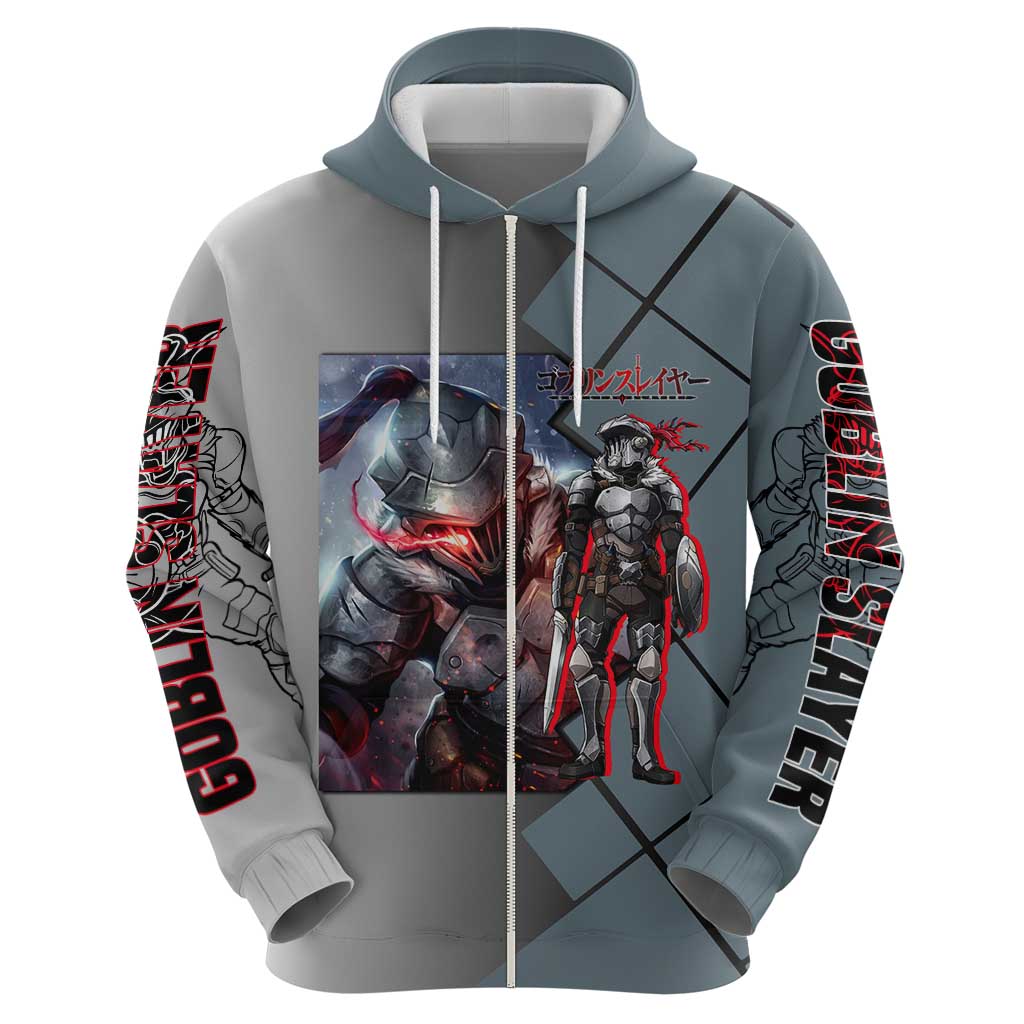 Goblin Slayer Goblin Slayer Zip Hoodie with Armor Clad Battle Pose and Dark Fantasy Design - The Mazicc