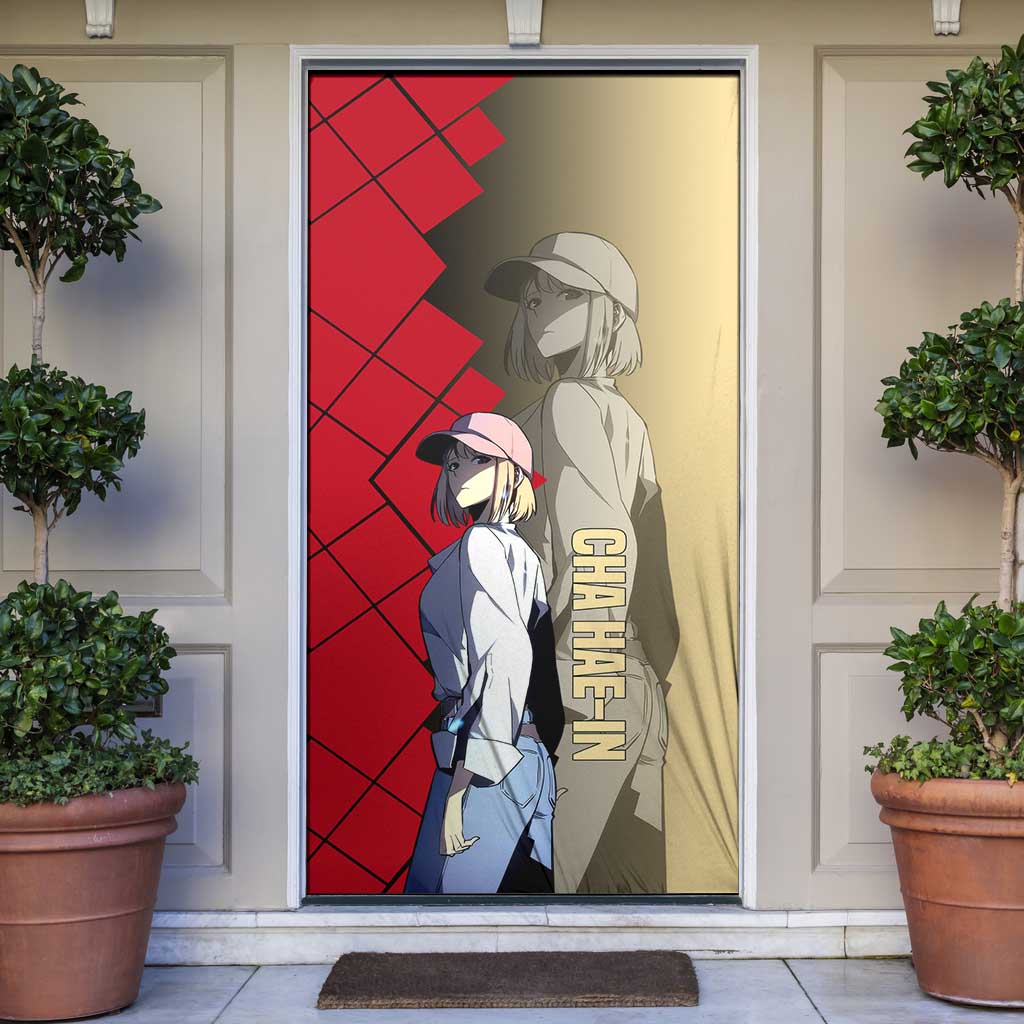 Cha Hae-In Solo Leveling Door Cover with Combat Pose and Intense Action Design - The Mazicc