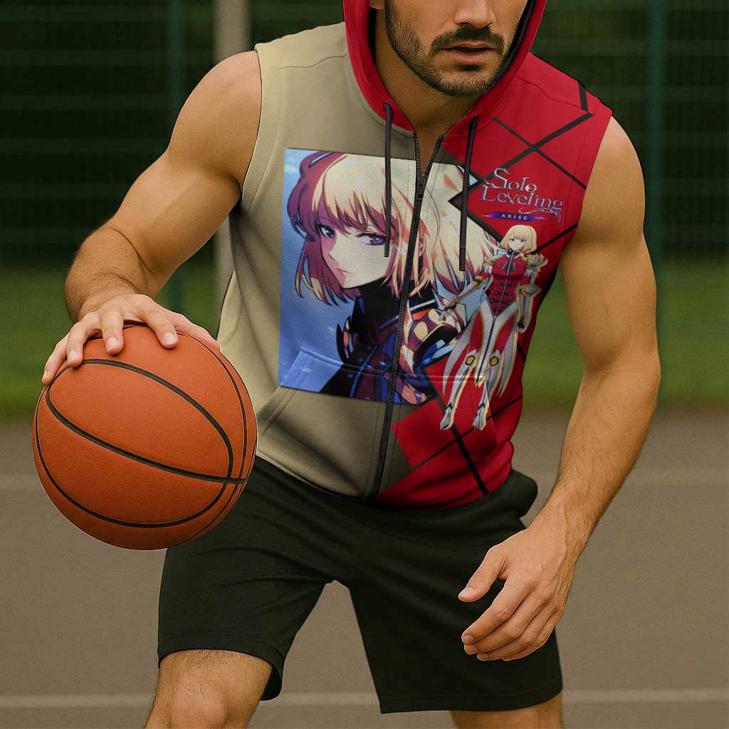 Cha Hae-In Solo Leveling Sleeveless Zip Hoodie with Combat Pose and Intense Action Design - The Mazicc