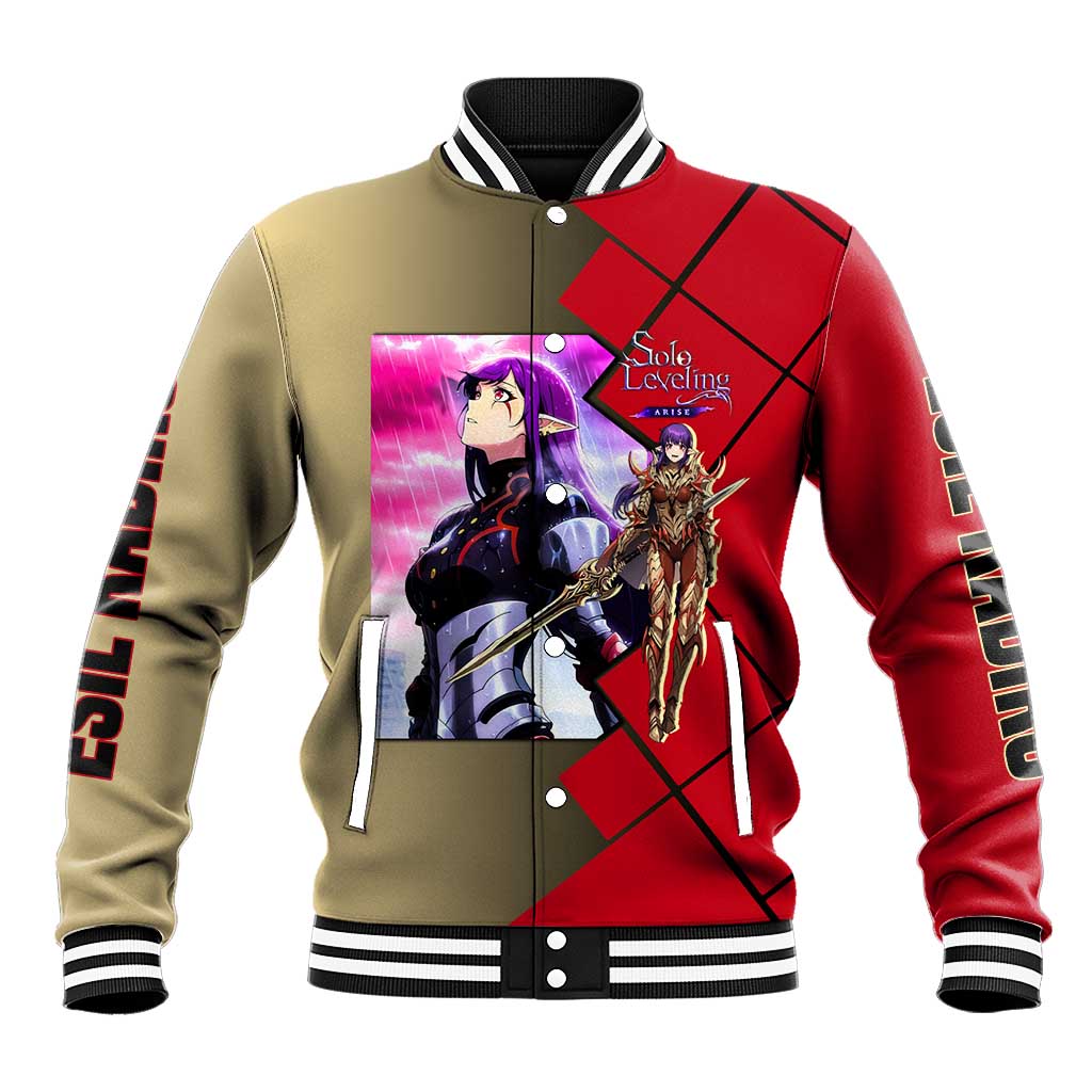 Esil Radiru Solo Leveling Baseball Jacket with Shadow Power Pose and Dark Fantasy Action Design - The Mazicc