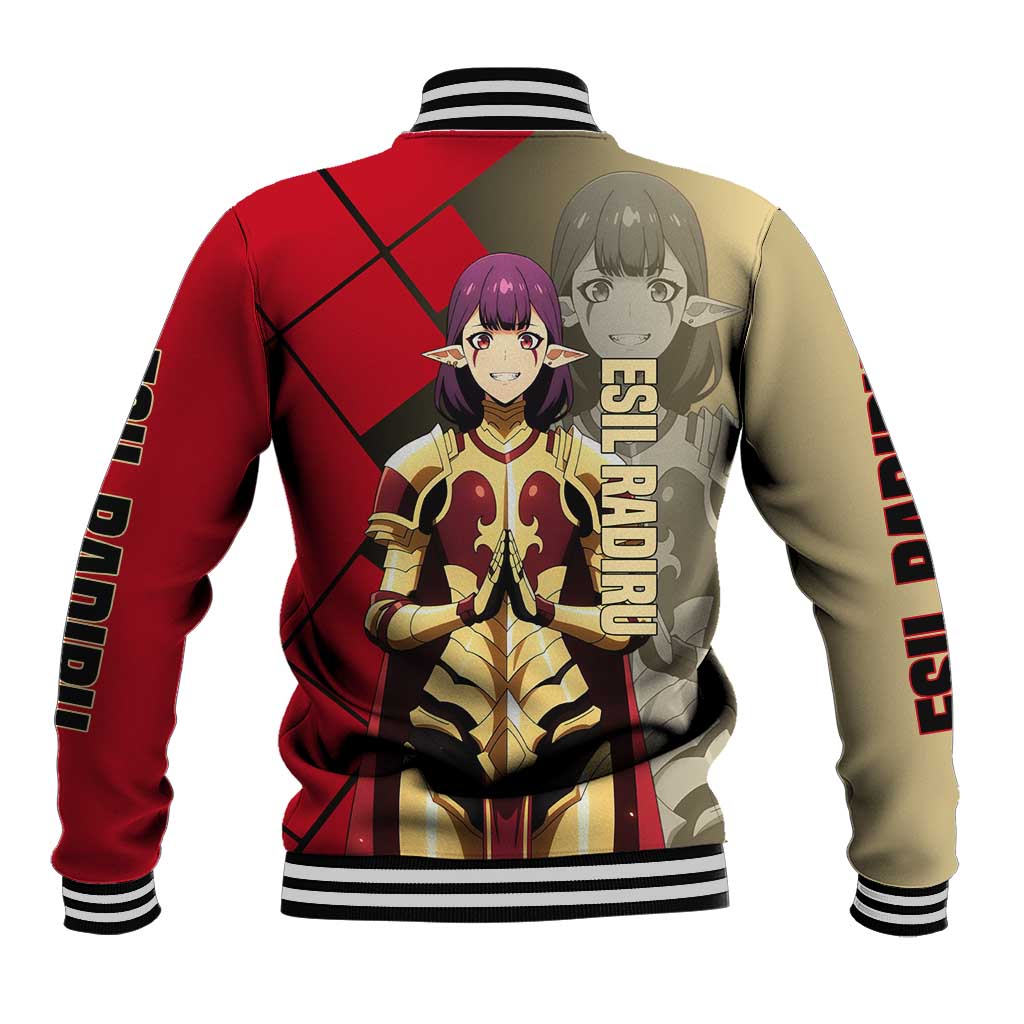 Esil Radiru Solo Leveling Baseball Jacket with Shadow Power Pose and Dark Fantasy Action Design - The Mazicc