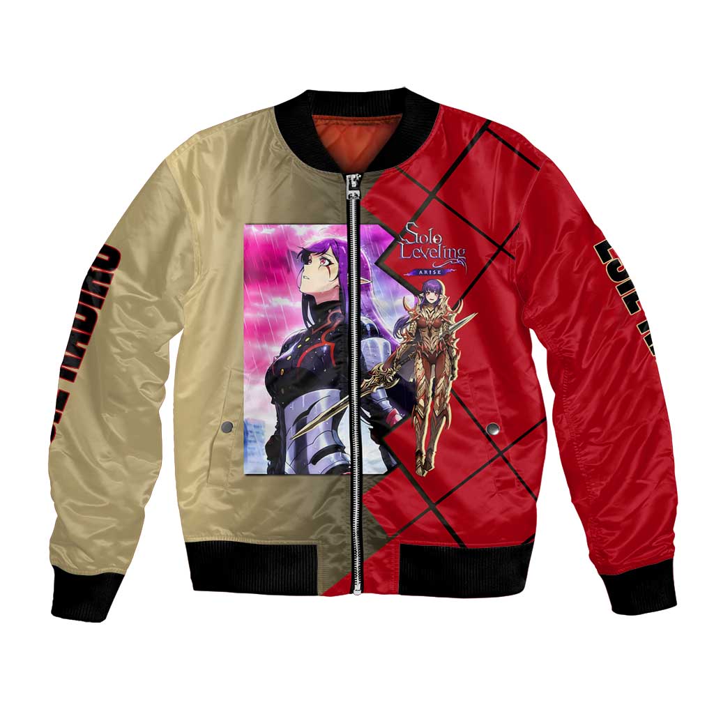 Esil Radiru Solo Leveling Bomber Jacket with Shadow Power Pose and Dark Fantasy Action Design - The Mazicc