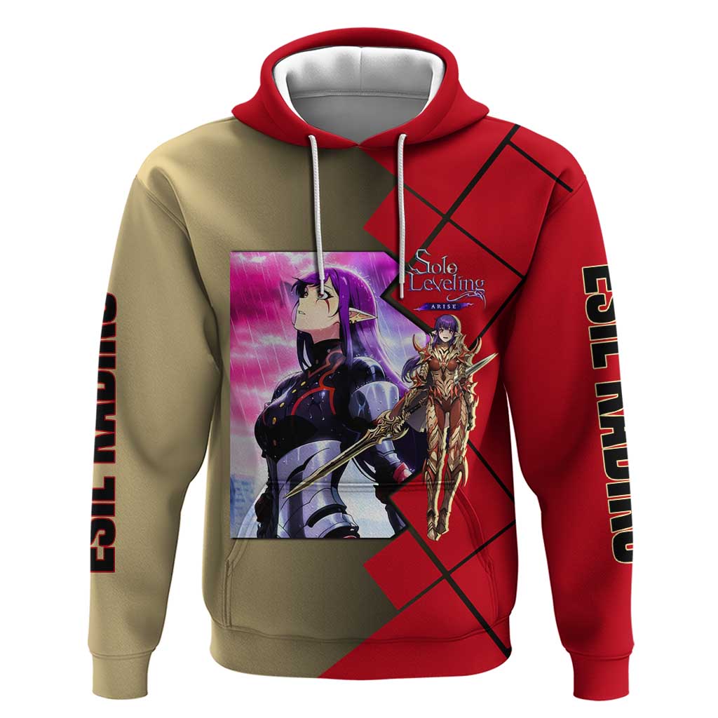 Esil Radiru Solo Leveling Hoodie with Shadow Power Pose and Dark Fantasy Action Design - The Mazicc