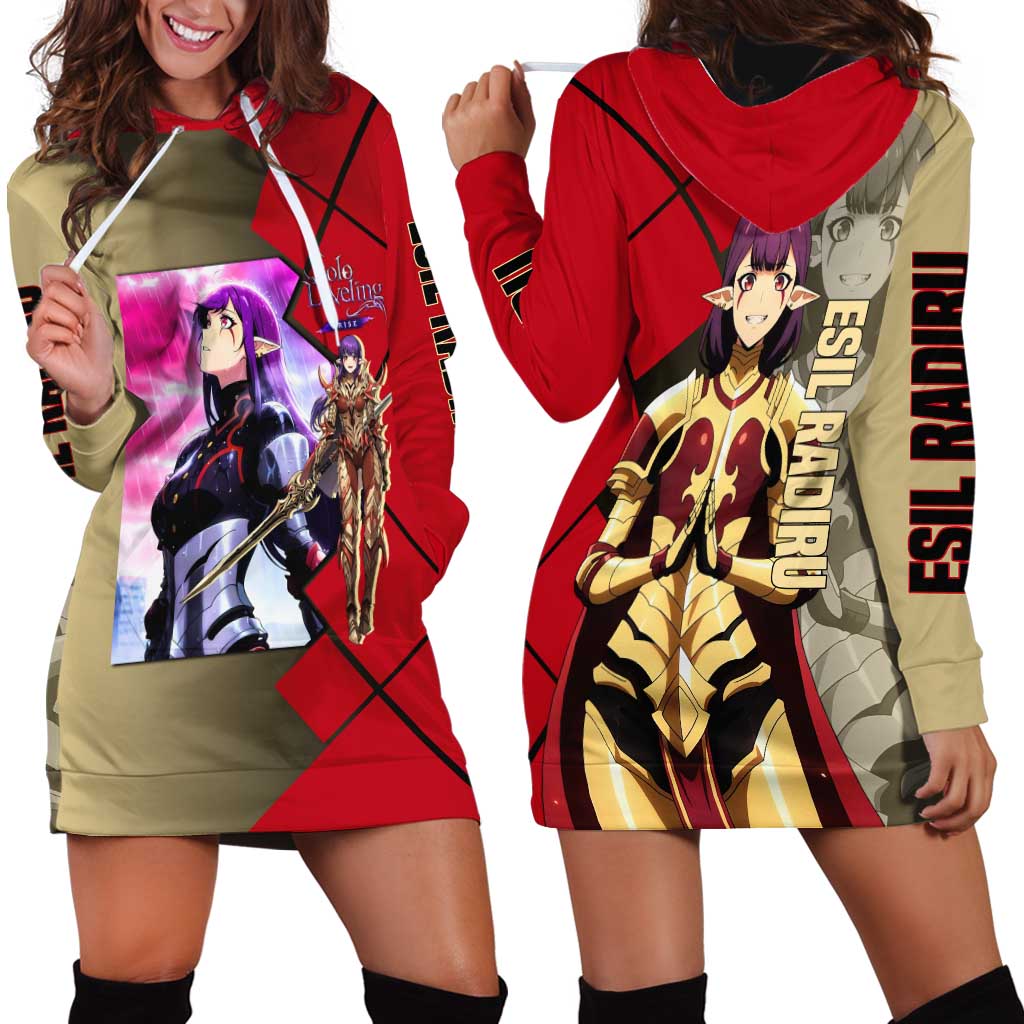 Esil Radiru Solo Leveling Hoodie Dress with Shadow Power Pose and Dark Fantasy Action Design - The Mazicc