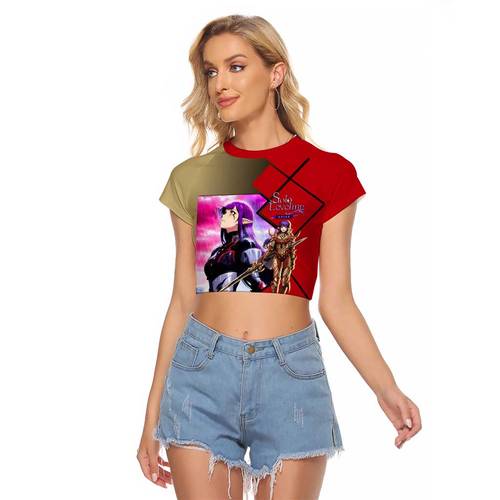 Esil Radiru Solo Leveling Raglan Cropped T Shirt with Shadow Power Pose and Dark Fantasy Action Design - The Mazicc