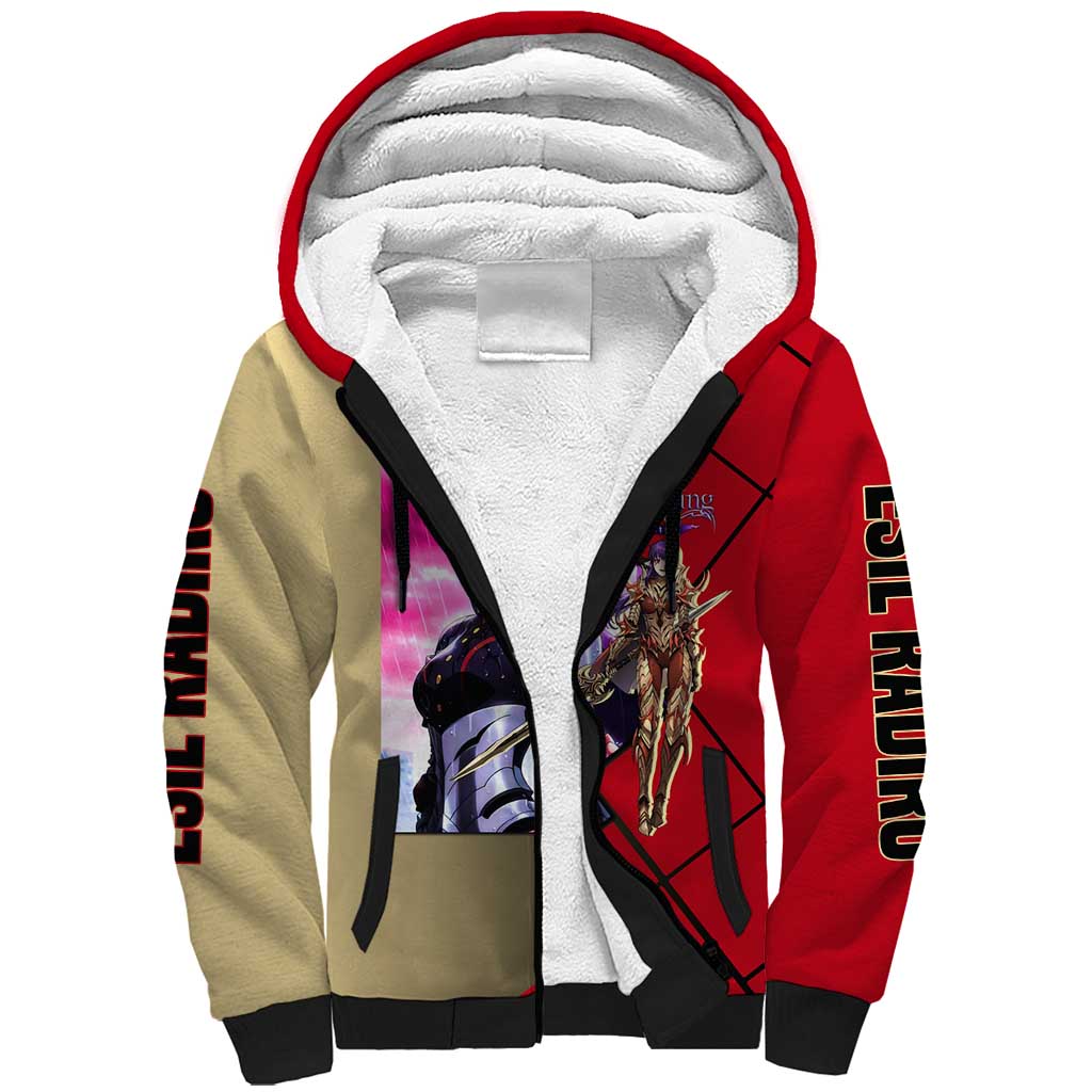 Esil Radiru Solo Leveling Sherpa Hoodie with Shadow Power Pose and Dark Fantasy Action Design - The Mazicc