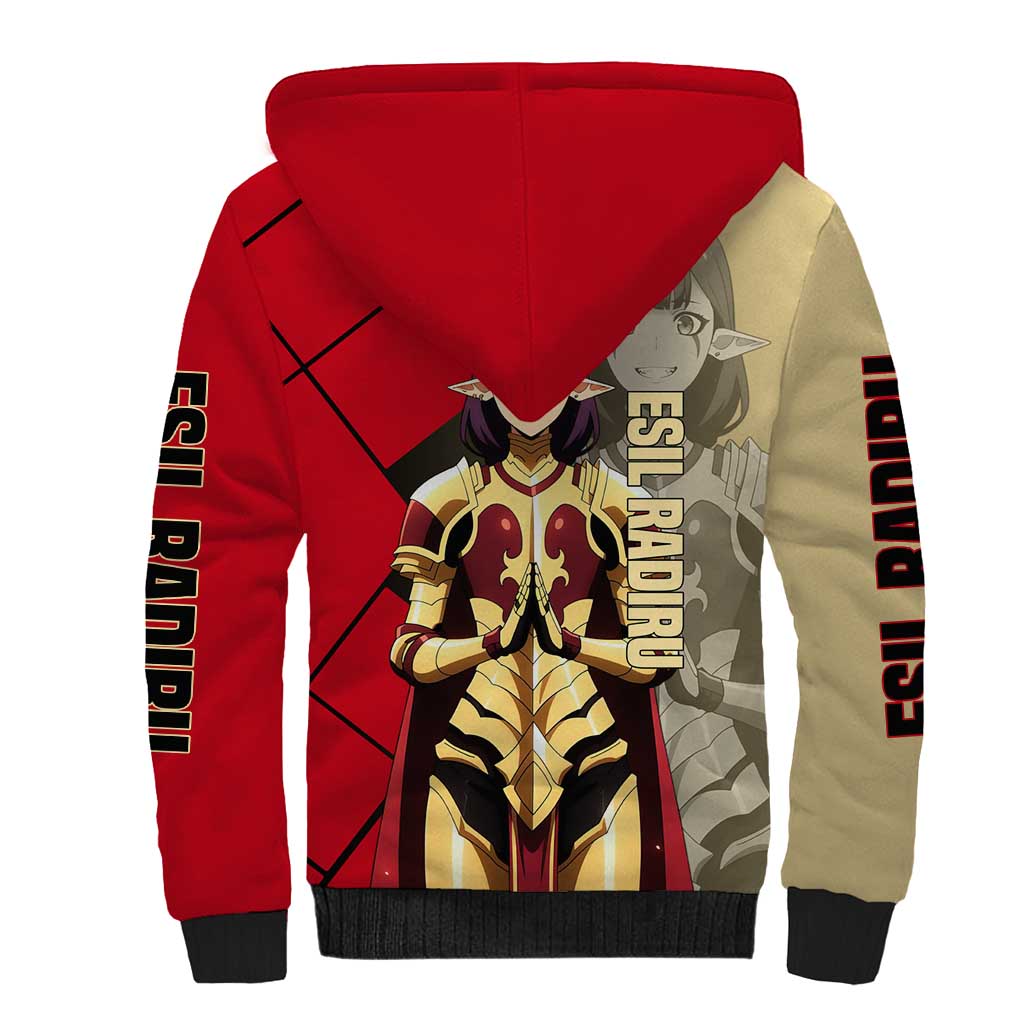 Esil Radiru Solo Leveling Sherpa Hoodie with Shadow Power Pose and Dark Fantasy Action Design - The Mazicc