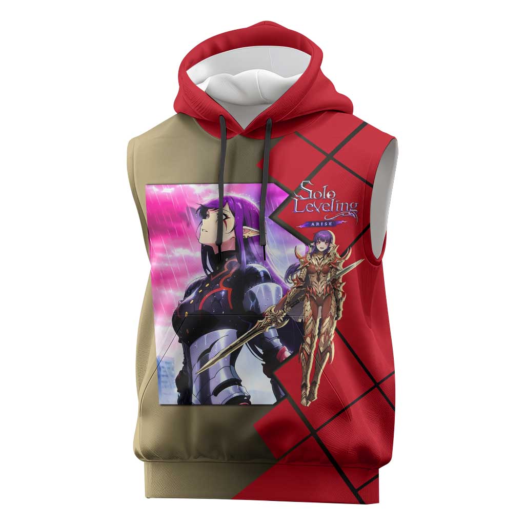 Esil Radiru Solo Leveling Sleeveless Hoodie with Shadow Power Pose and Dark Fantasy Action Design - The Mazicc