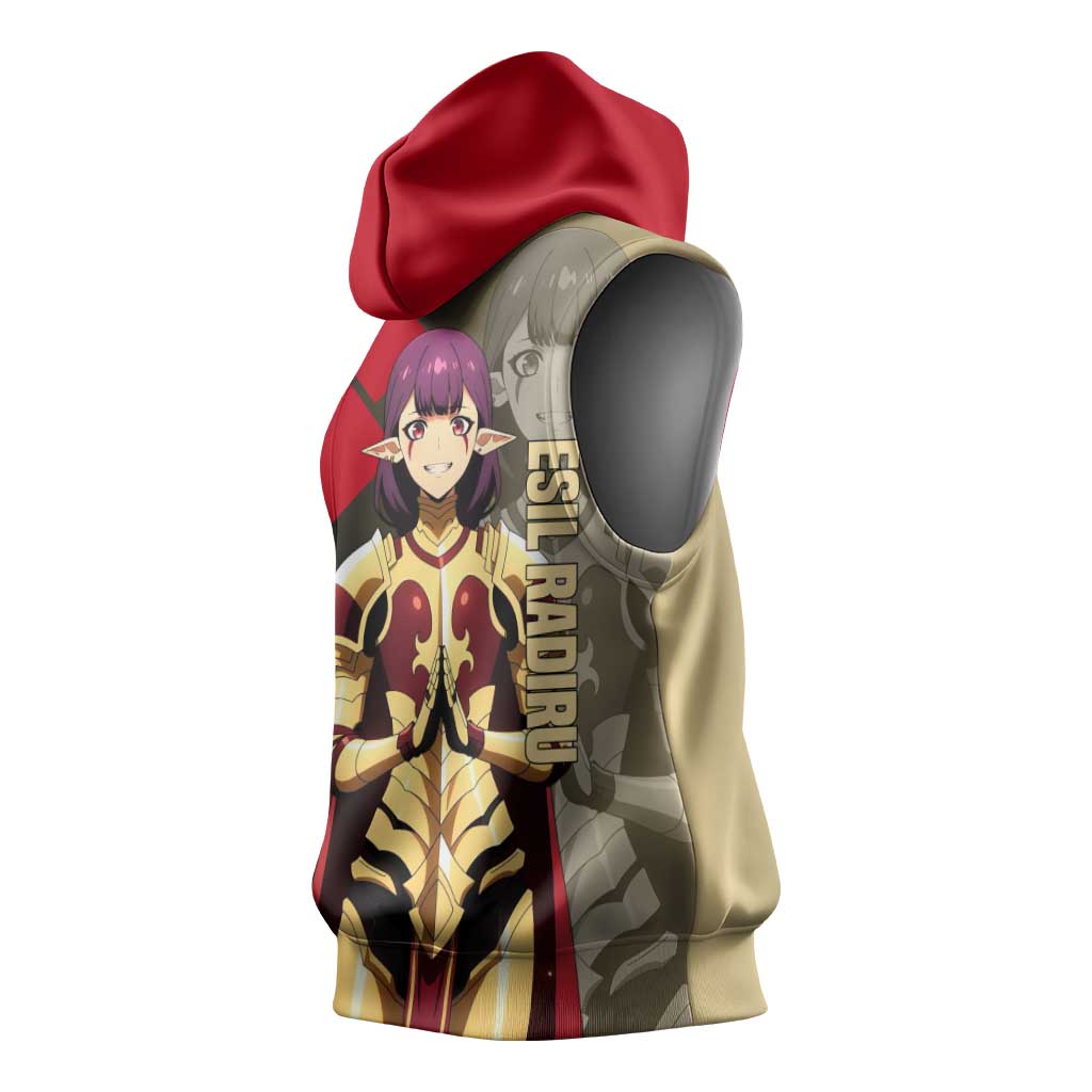 Esil Radiru Solo Leveling Sleeveless Hoodie with Shadow Power Pose and Dark Fantasy Action Design - The Mazicc