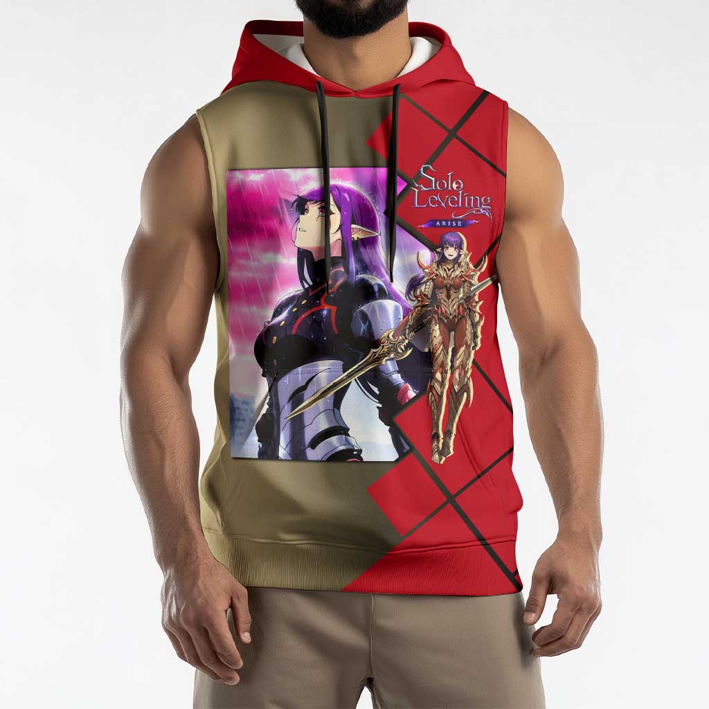 Esil Radiru Solo Leveling Sleeveless Hoodie with Shadow Power Pose and Dark Fantasy Action Design - The Mazicc