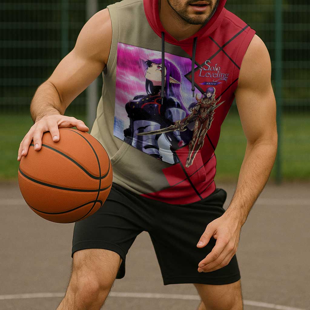 Esil Radiru Solo Leveling Sleeveless Hoodie with Shadow Power Pose and Dark Fantasy Action Design - The Mazicc