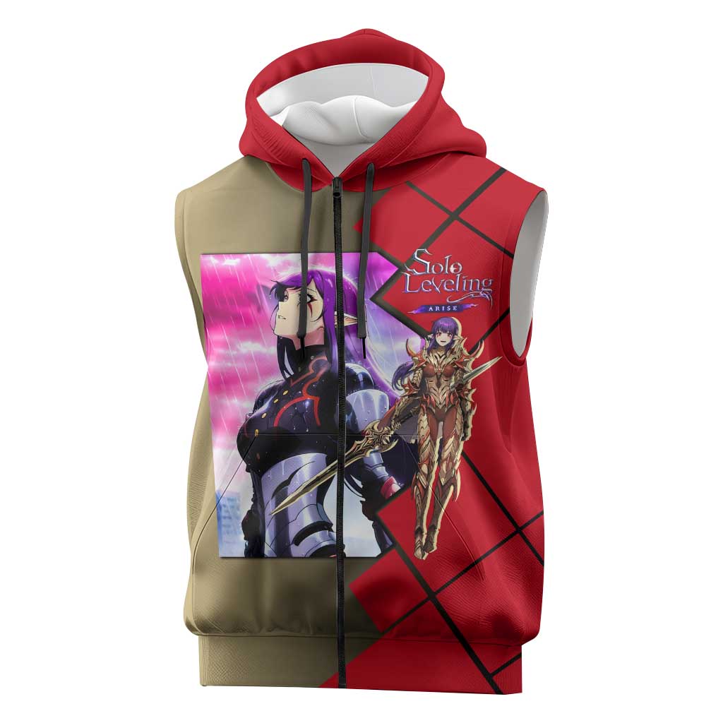 Esil Radiru Solo Leveling Sleeveless Zip Hoodie with Shadow Power Pose and Dark Fantasy Action Design - The Mazicc