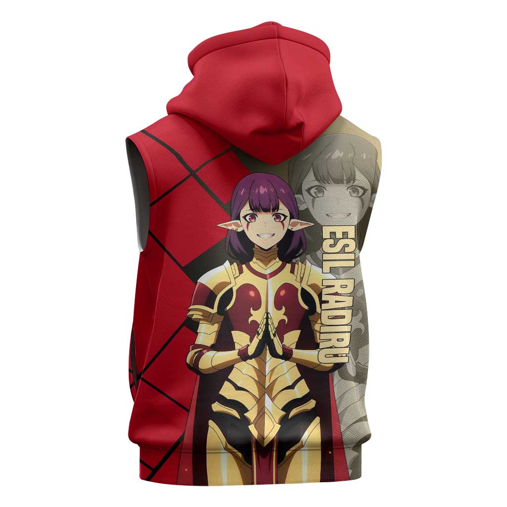 Esil Radiru Solo Leveling Sleeveless Zip Hoodie with Shadow Power Pose and Dark Fantasy Action Design - The Mazicc