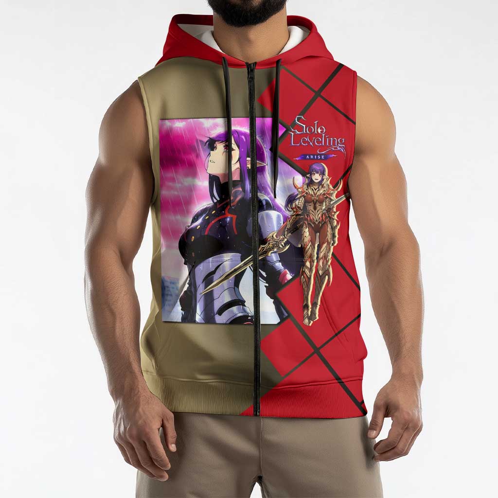 Esil Radiru Solo Leveling Sleeveless Zip Hoodie with Shadow Power Pose and Dark Fantasy Action Design - The Mazicc