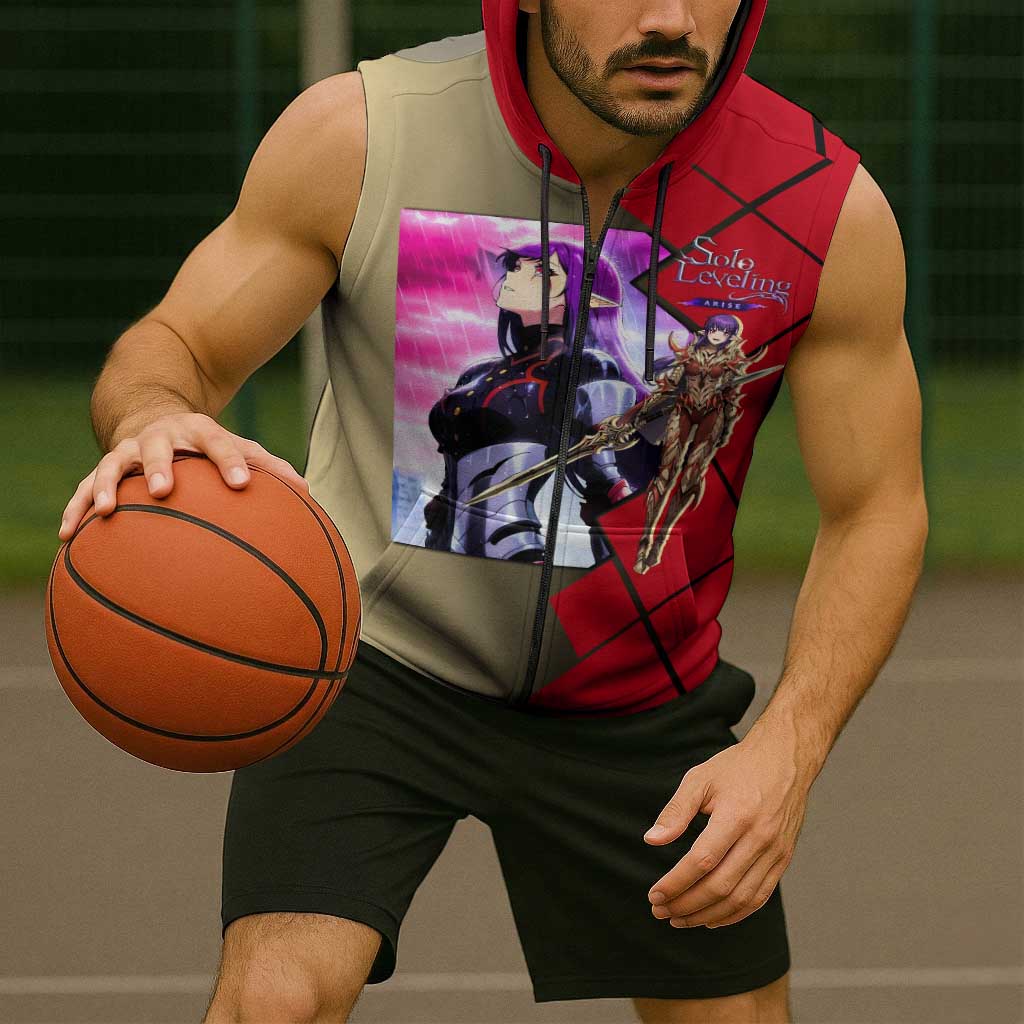 Esil Radiru Solo Leveling Sleeveless Zip Hoodie with Shadow Power Pose and Dark Fantasy Action Design - The Mazicc