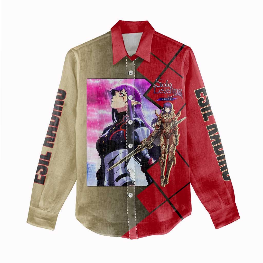 Esil Radiru Solo Leveling Women Casual Shirt with Shadow Power Pose and Dark Fantasy Action Design - The Mazicc