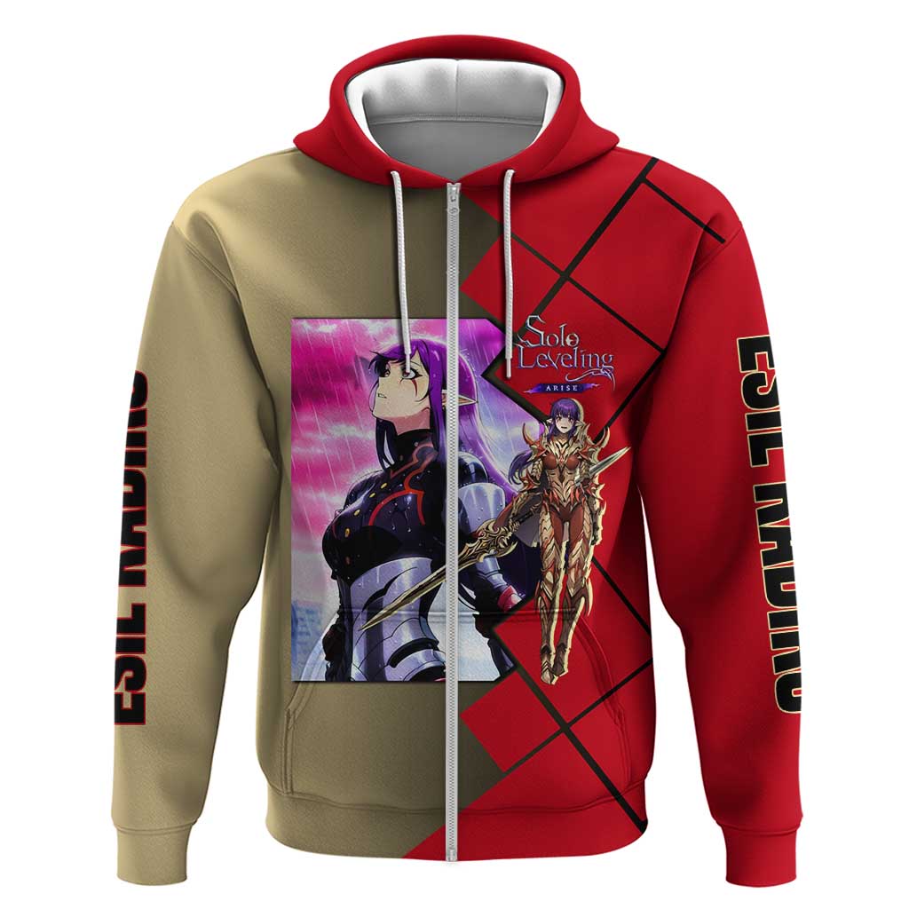 Esil Radiru Solo Leveling Zip Hoodie with Shadow Power Pose and Dark Fantasy Action Design - The Mazicc