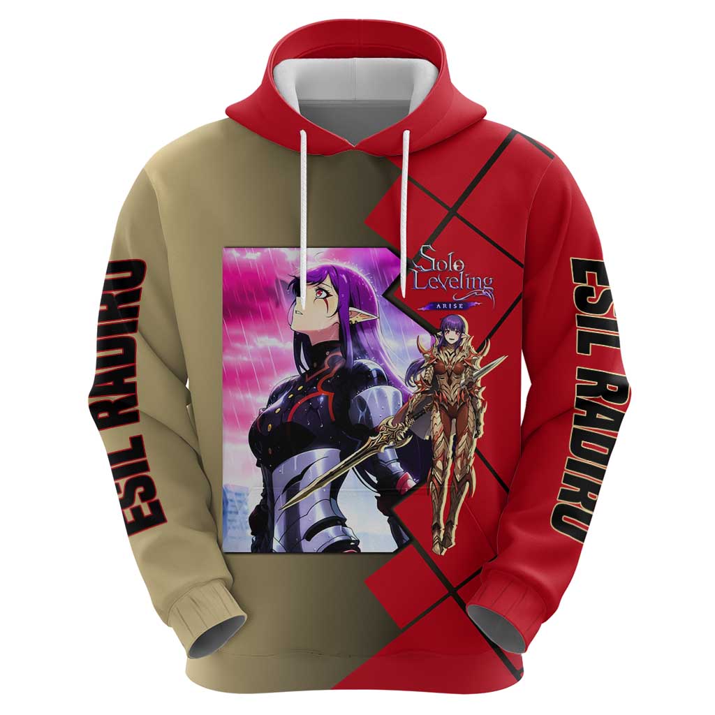 Esil Radiru Solo Leveling Zip Hoodie with Shadow Power Pose and Dark Fantasy Action Design - The Mazicc