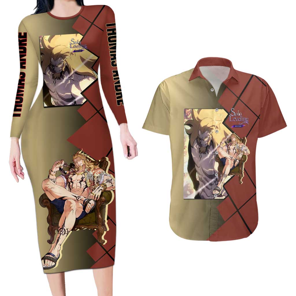 Thomas Andre Solo Leveling Couples Matching Long Sleeve Bodycon Dress and Hawaiian Shirt with Titan Form and Powerful Combat Pose Design - The Mazicc