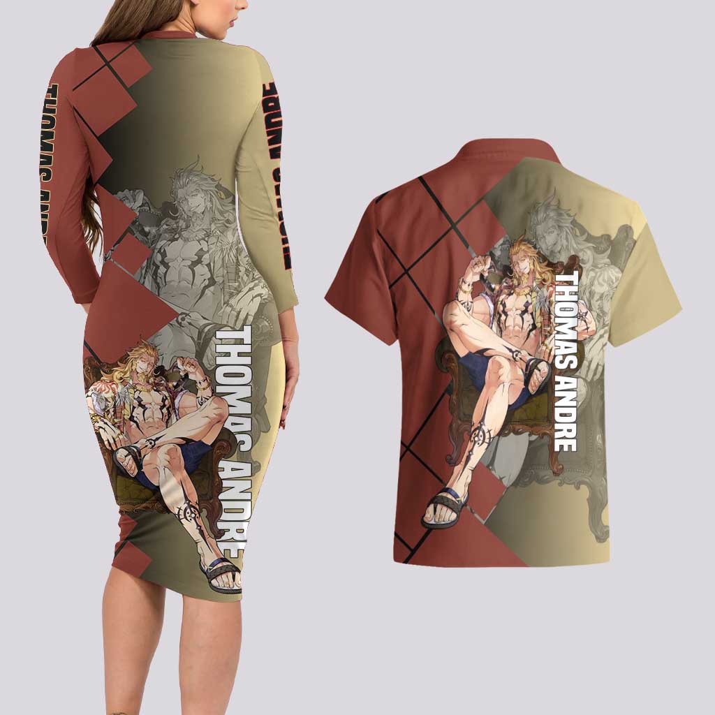 Thomas Andre Solo Leveling Couples Matching Long Sleeve Bodycon Dress and Hawaiian Shirt with Titan Form and Powerful Combat Pose Design - The Mazicc