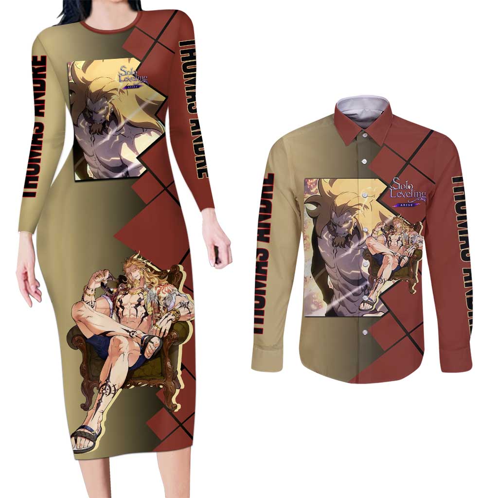 Thomas Andre Solo Leveling Couples Matching Long Sleeve Bodycon Dress and Long Sleeve Button Shirt with Titan Form and Powerful Combat Pose Design - The Mazicc
