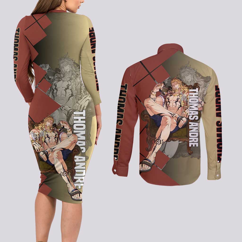 Thomas Andre Solo Leveling Couples Matching Long Sleeve Bodycon Dress and Long Sleeve Button Shirt with Titan Form and Powerful Combat Pose Design - The Mazicc