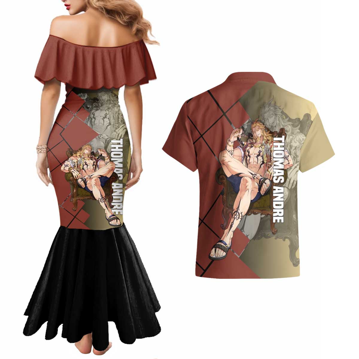 Thomas Andre Solo Leveling Couples Matching Mermaid Dress and Hawaiian Shirt with Titan Form and Powerful Combat Pose Design - The Mazicc