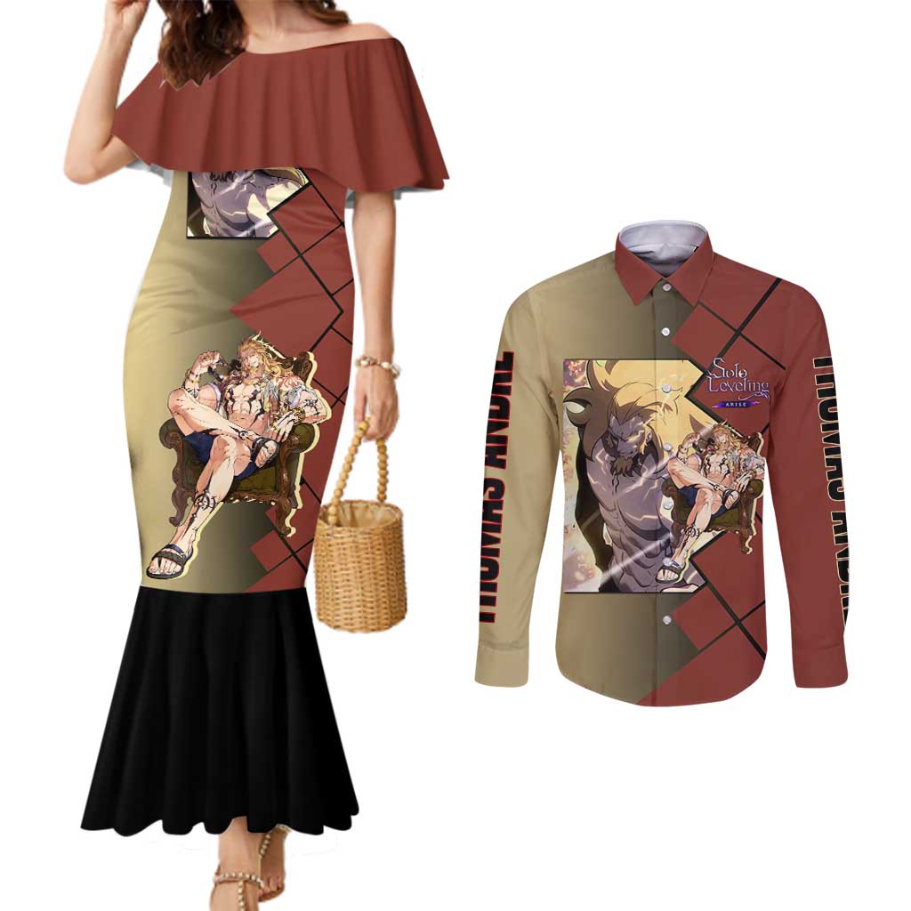 Thomas Andre Solo Leveling Couples Matching Mermaid Dress and Long Sleeve Button Shirt with Titan Form and Powerful Combat Pose Design - The Mazicc