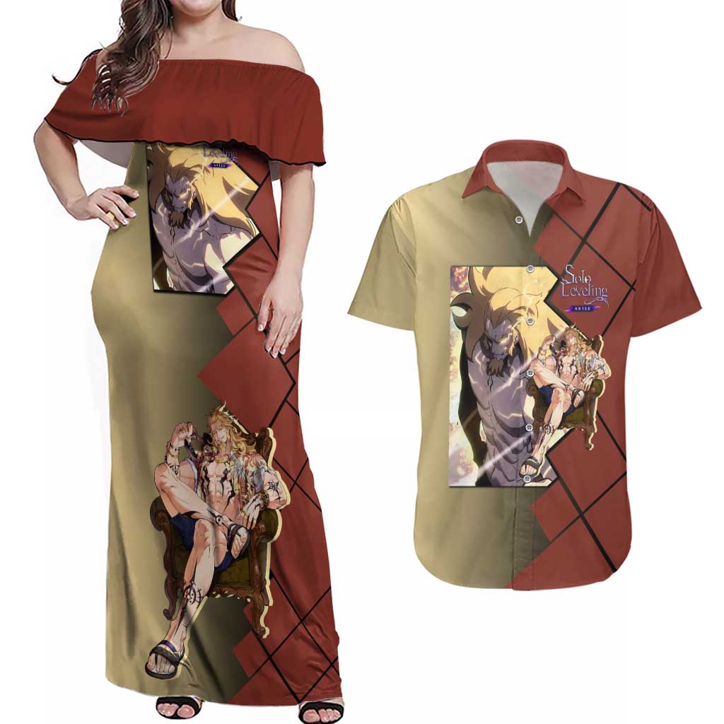 Thomas Andre Solo Leveling Couples Matching Off Shoulder Maxi Dress and Hawaiian Shirt with Titan Form and Powerful Combat Pose Design - The Mazicc