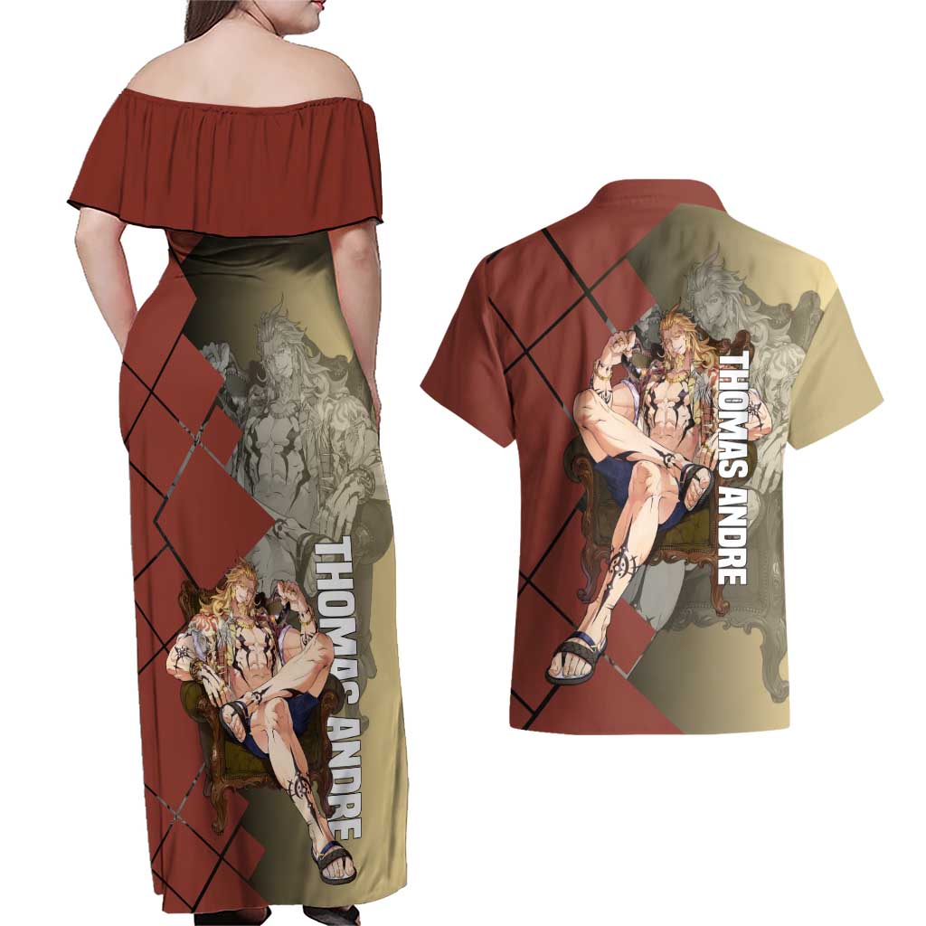Thomas Andre Solo Leveling Couples Matching Off Shoulder Maxi Dress and Hawaiian Shirt with Titan Form and Powerful Combat Pose Design - The Mazicc