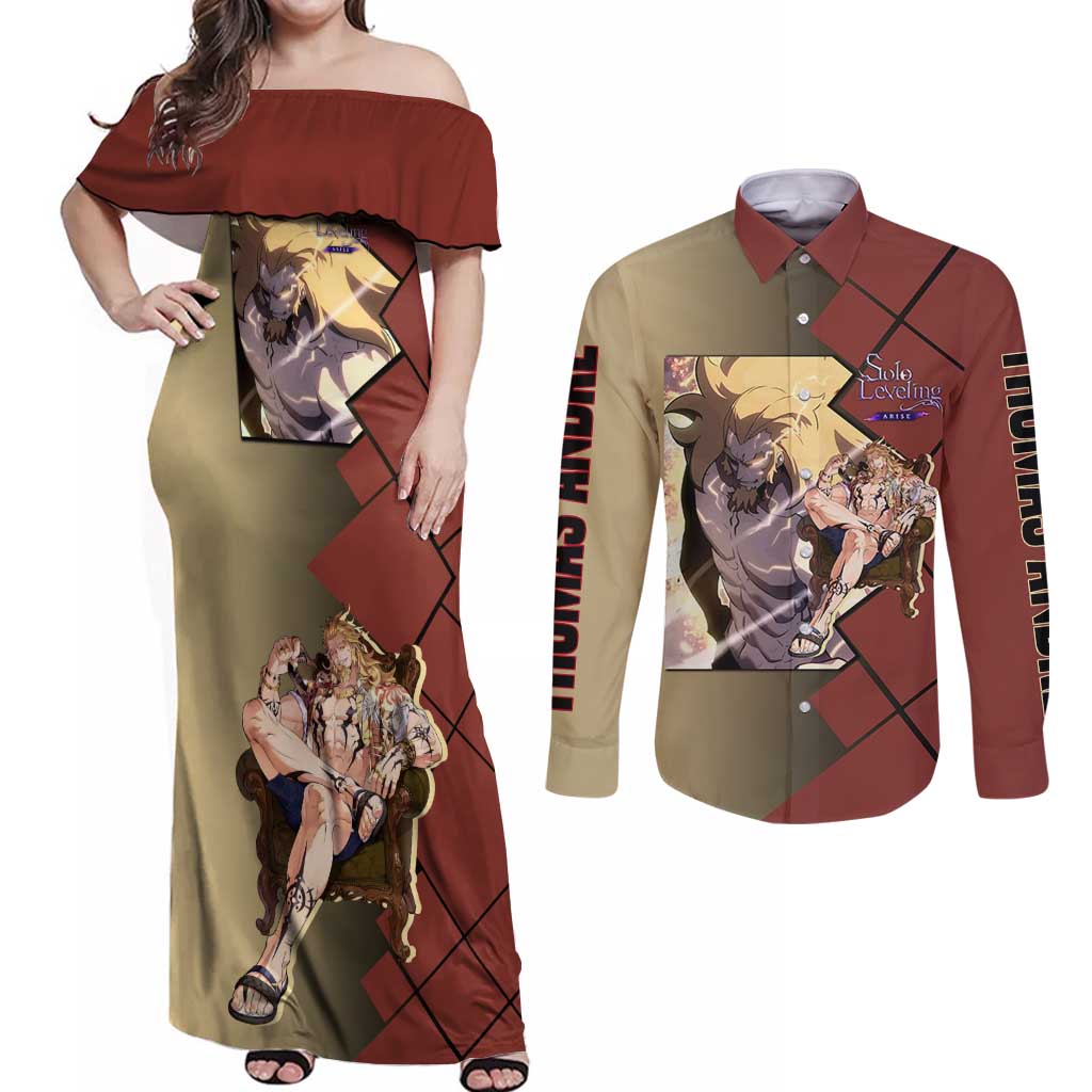 Thomas Andre Solo Leveling Couples Matching Off Shoulder Maxi Dress and Long Sleeve Button Shirt with Titan Form and Powerful Combat Pose Design - The Mazicc
