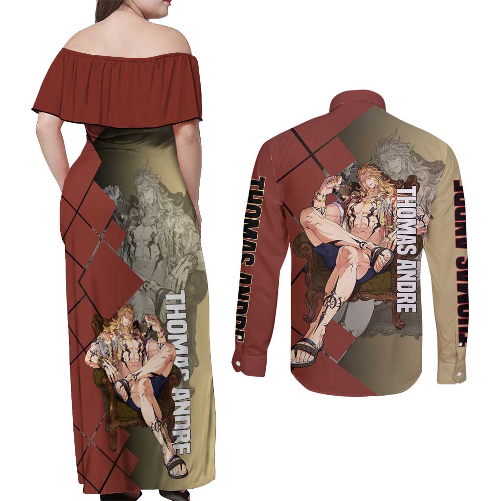 Thomas Andre Solo Leveling Couples Matching Off Shoulder Maxi Dress and Long Sleeve Button Shirt with Titan Form and Powerful Combat Pose Design - The Mazicc
