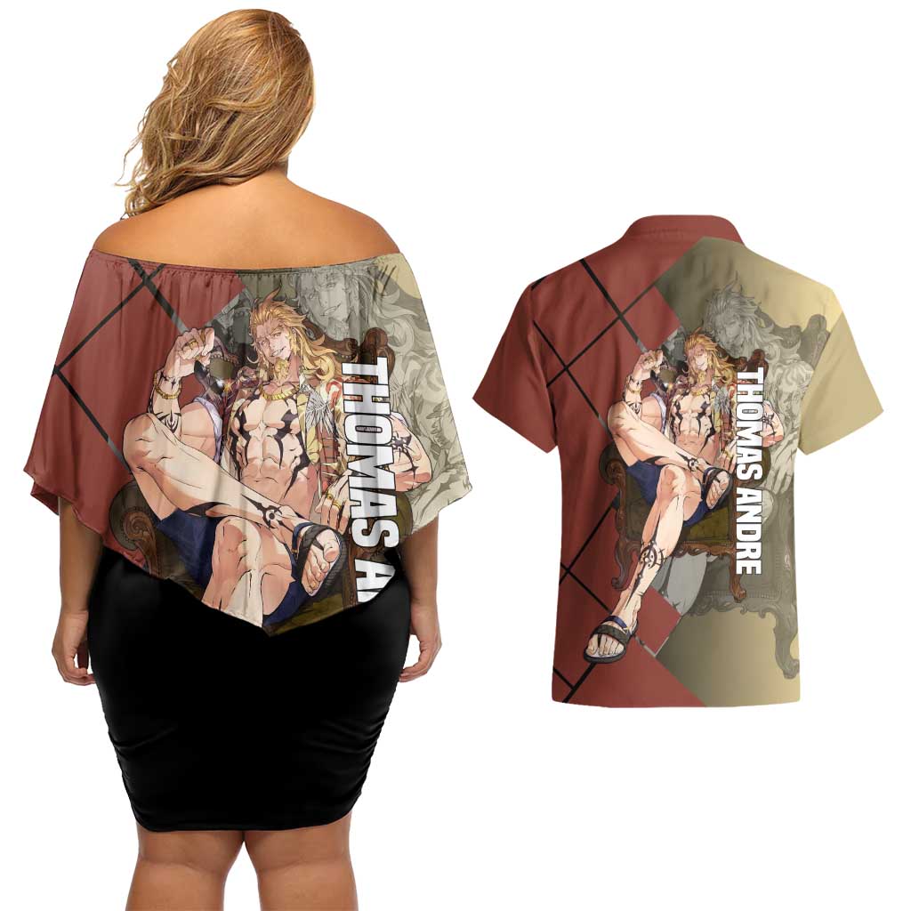 Thomas Andre Solo Leveling Couples Matching Off Shoulder Short Dress and Hawaiian Shirt with Titan Form and Powerful Combat Pose Design - The Mazicc