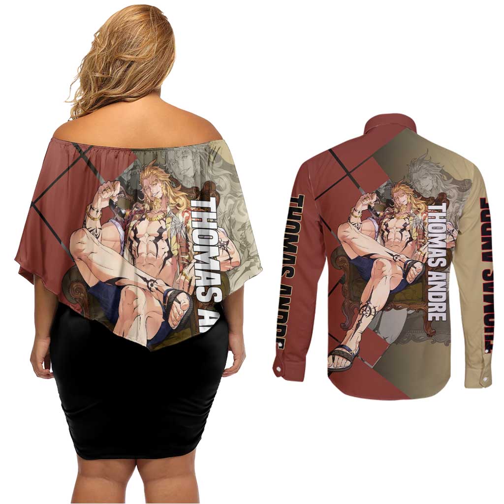 Thomas Andre Solo Leveling Couples Matching Off Shoulder Short Dress and Long Sleeve Button Shirt with Titan Form and Powerful Combat Pose Design - The Mazicc