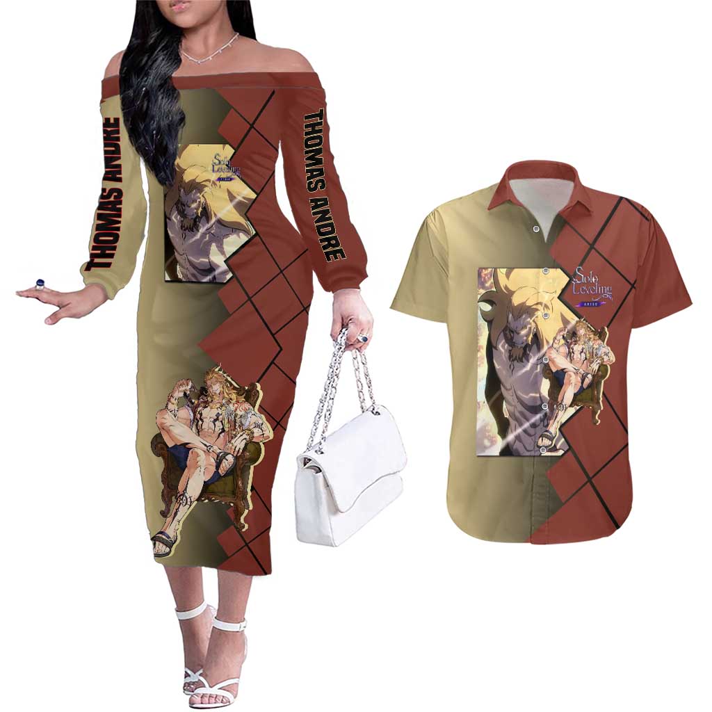 Thomas Andre Solo Leveling Couples Matching Off The Shoulder Long Sleeve Dress and Hawaiian Shirt with Titan Form and Powerful Combat Pose Design - The Mazicc