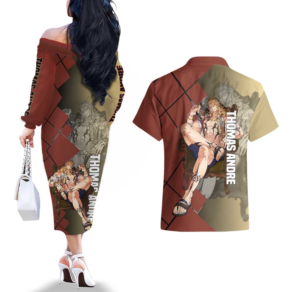 Thomas Andre Solo Leveling Couples Matching Off The Shoulder Long Sleeve Dress and Hawaiian Shirt with Titan Form and Powerful Combat Pose Design - The Mazicc