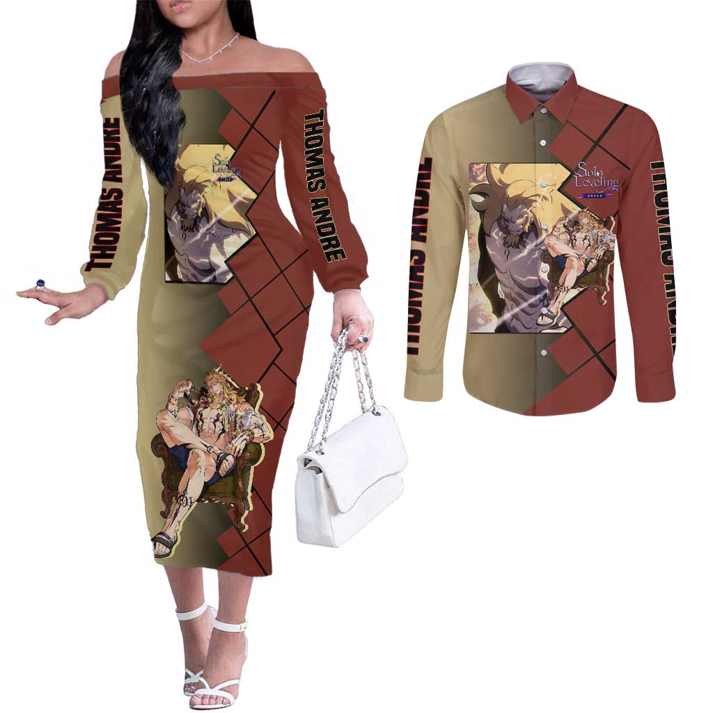 Thomas Andre Solo Leveling Couples Matching Off The Shoulder Long Sleeve Dress and Long Sleeve Button Shirt with Titan Form and Powerful Combat Pose Design - The Mazicc