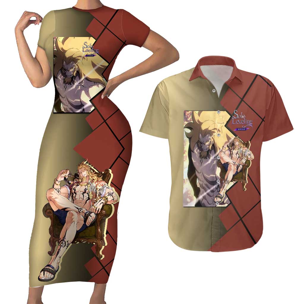 Thomas Andre Solo Leveling Couples Matching Short Sleeve Bodycon Dress and Hawaiian Shirt with Titan Form and Powerful Combat Pose Design - The Mazicc