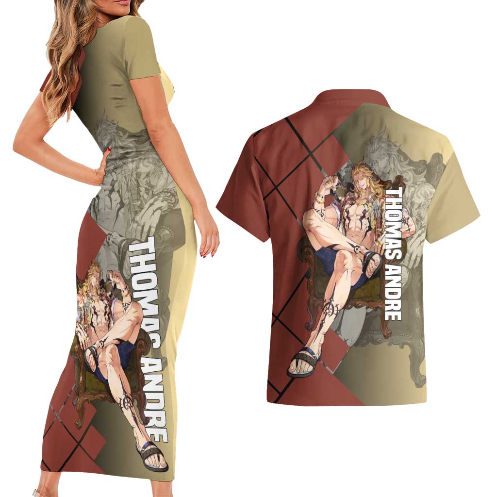 Thomas Andre Solo Leveling Couples Matching Short Sleeve Bodycon Dress and Hawaiian Shirt with Titan Form and Powerful Combat Pose Design - The Mazicc