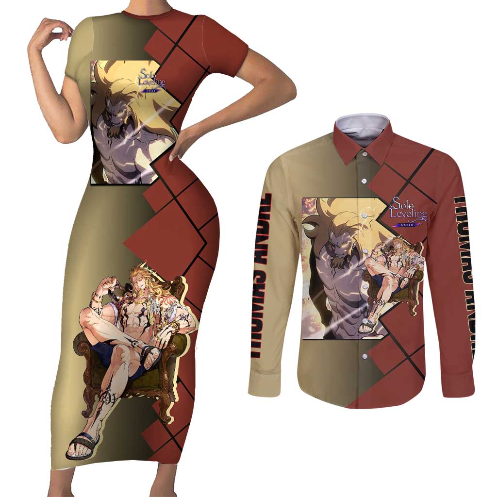 Thomas Andre Solo Leveling Couples Matching Short Sleeve Bodycon Dress and Long Sleeve Button Shirt with Titan Form and Powerful Combat Pose Design - The Mazicc