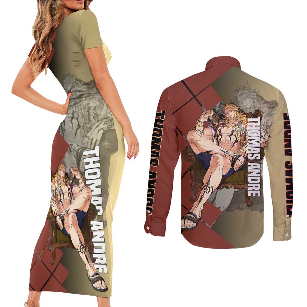 Thomas Andre Solo Leveling Couples Matching Short Sleeve Bodycon Dress and Long Sleeve Button Shirt with Titan Form and Powerful Combat Pose Design - The Mazicc