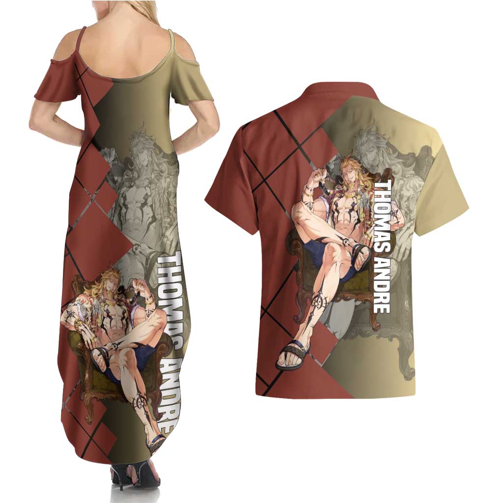 Thomas Andre Solo Leveling Couples Matching Summer Maxi Dress and Hawaiian Shirt with Titan Form and Powerful Combat Pose Design - The Mazicc