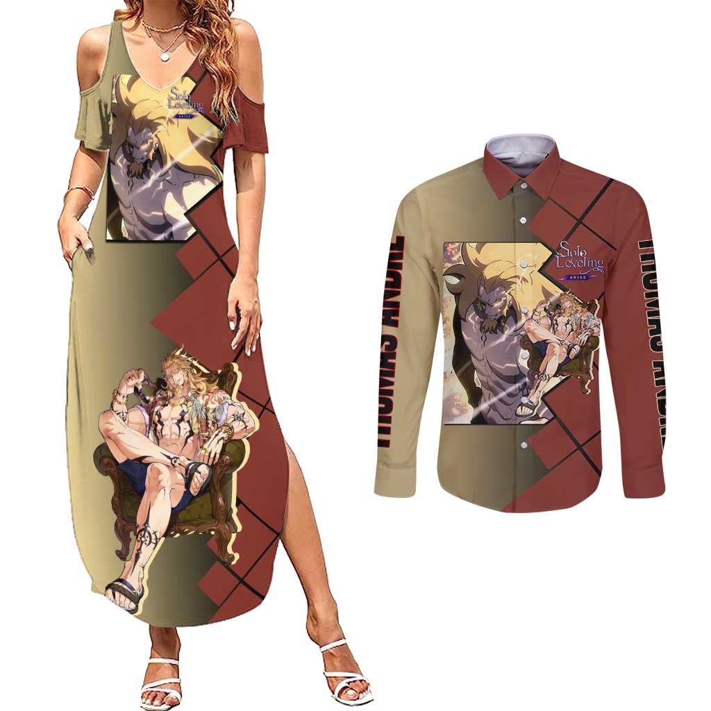 Thomas Andre Solo Leveling Couples Matching Summer Maxi Dress and Long Sleeve Button Shirt with Titan Form and Powerful Combat Pose Design - The Mazicc