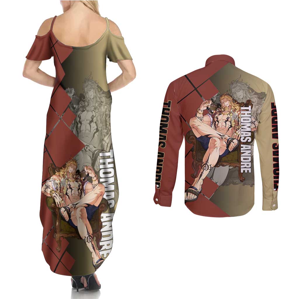 Thomas Andre Solo Leveling Couples Matching Summer Maxi Dress and Long Sleeve Button Shirt with Titan Form and Powerful Combat Pose Design - The Mazicc