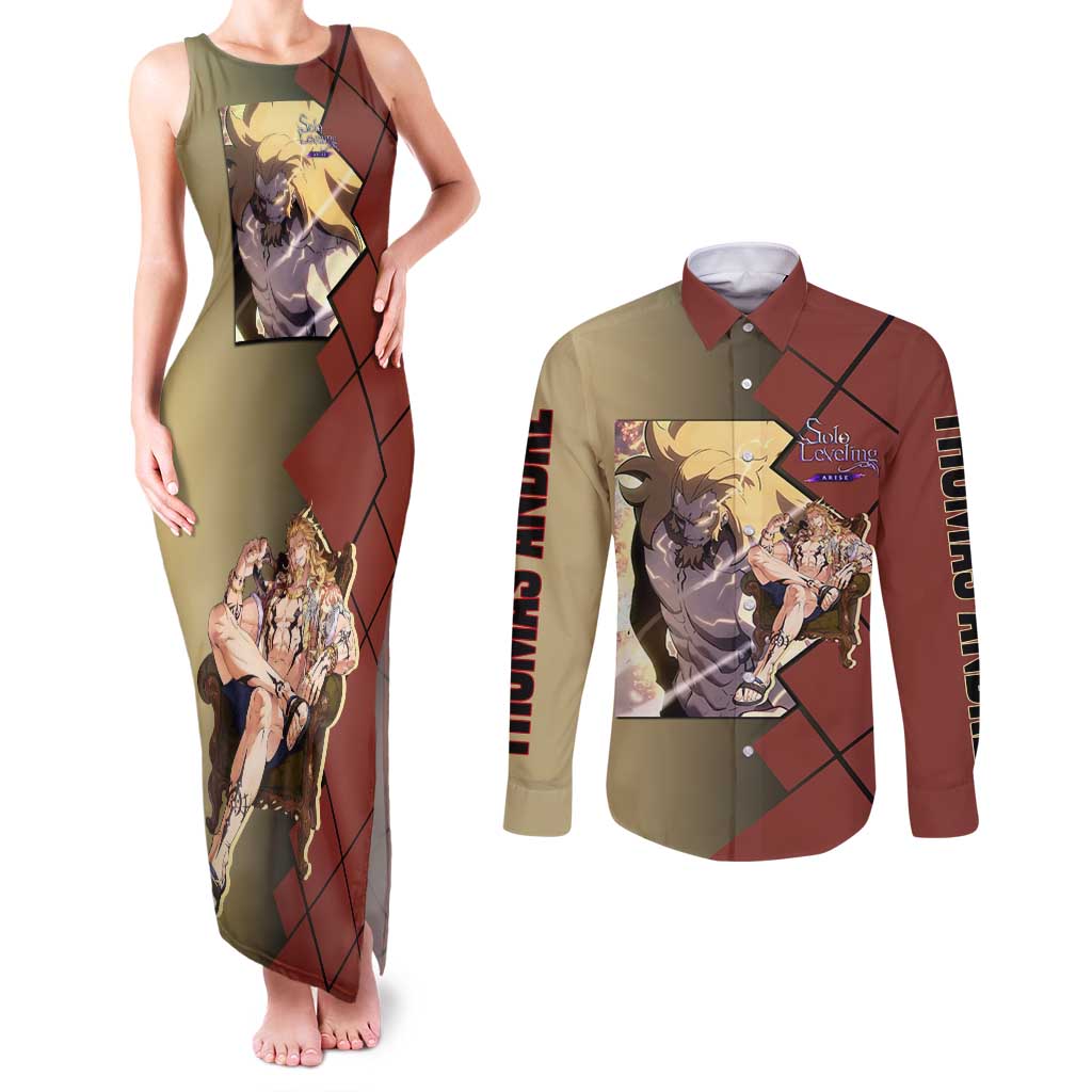 Thomas Andre Solo Leveling Couples Matching Tank Maxi Dress and Long Sleeve Button Shirt with Titan Form and Powerful Combat Pose Design - The Mazicc