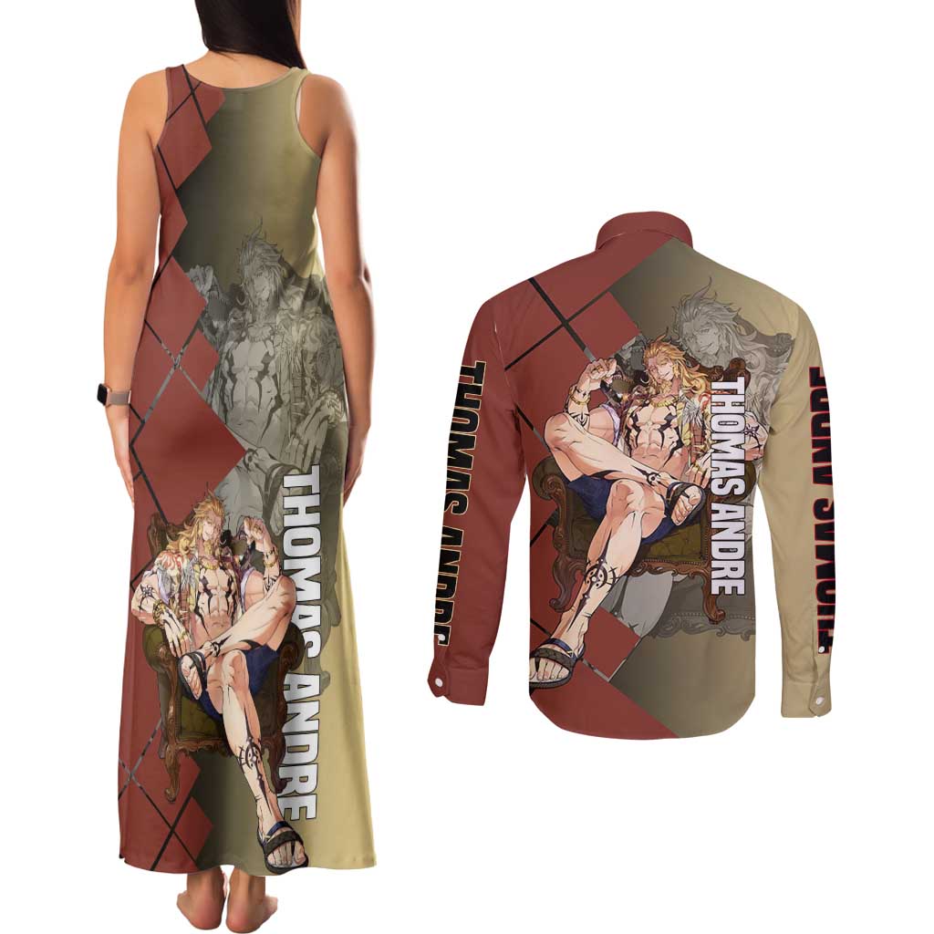 Thomas Andre Solo Leveling Couples Matching Tank Maxi Dress and Long Sleeve Button Shirt with Titan Form and Powerful Combat Pose Design - The Mazicc
