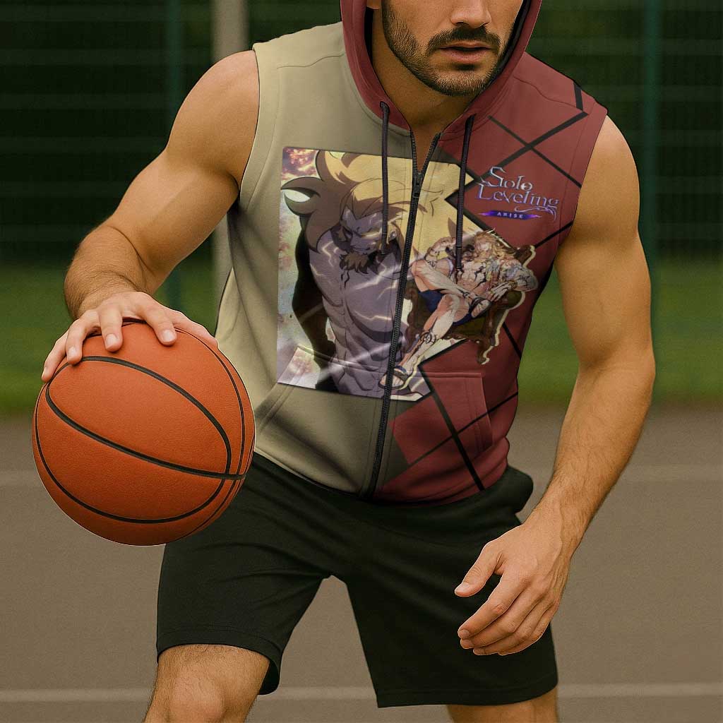 Thomas Andre Solo Leveling Sleeveless Zip Hoodie with Titan Form and Powerful Combat Pose Design - The Mazicc